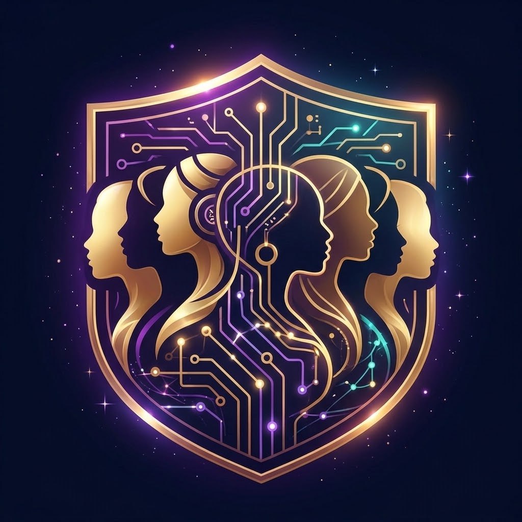 Sistahz in Systems crest: women in profile woven with circuit lines